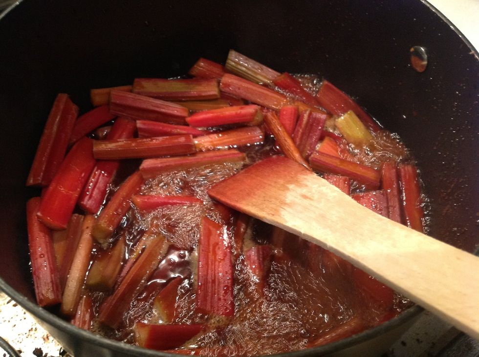 As the rhubarb boils it will soften and start to break into strands.