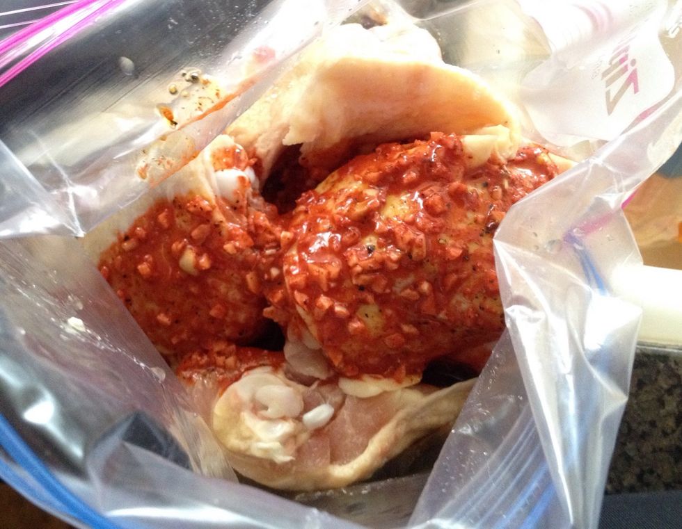 As you add each layer of chicken thighs, add a little more of the marinade. when you are done, pour the last of the marinade into the bag and zip it closed.