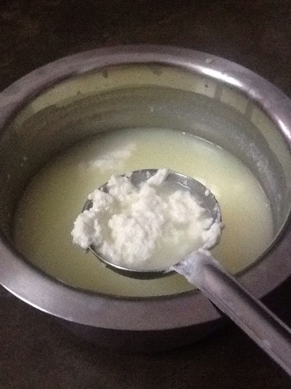 As you can see the milk will look like this. Try to separate chenna (cheese) from the solution.