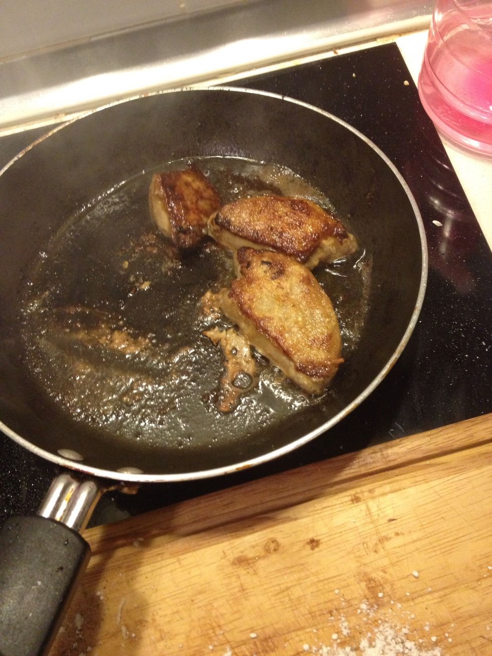 As you cook the fat will keep coming out. Tilt the pan and spoon the fat back on top of the foie gras occasionally. Don't over cook it. The inside should still be wobbling.