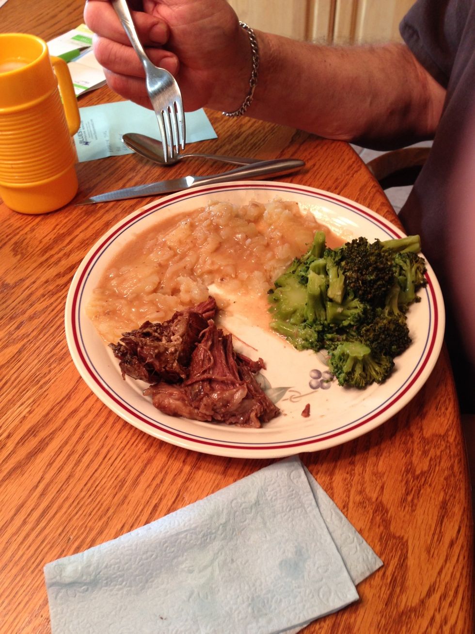 As you see by my husband's plate, I made potatoes and a vegetable. The gravy is delicious and the beef tender. Men especially love this type of meal.