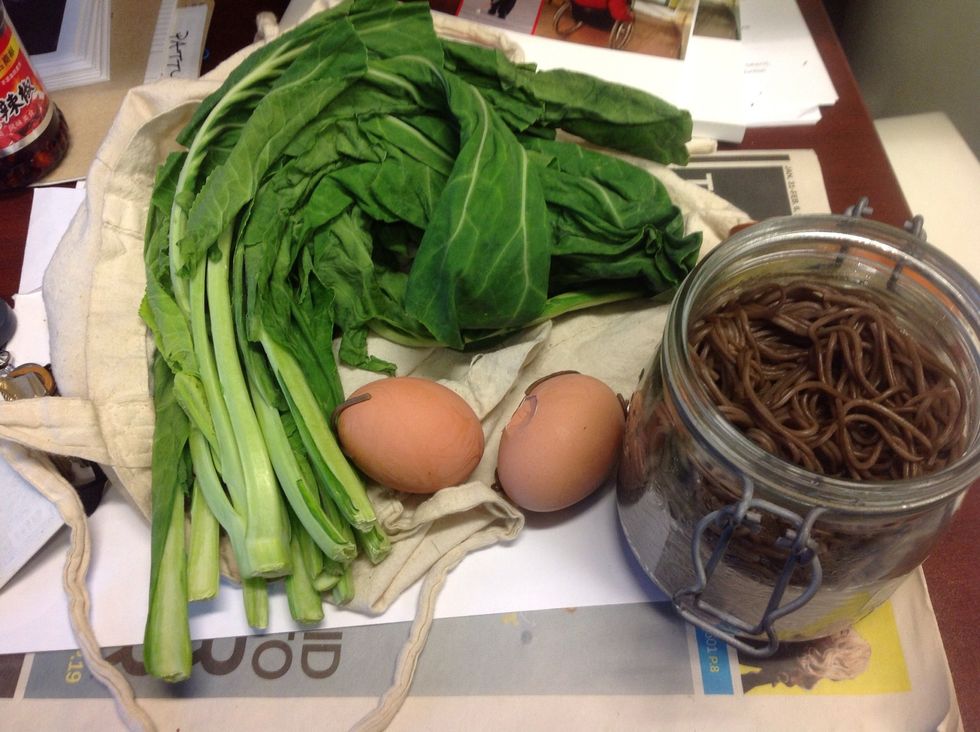 Aside from the collards, the rest are pre-cooked. However, I've cooked each of these things in that rice cooker before. I'd cook each separately, especially to avoid potential salmonella from eggshell