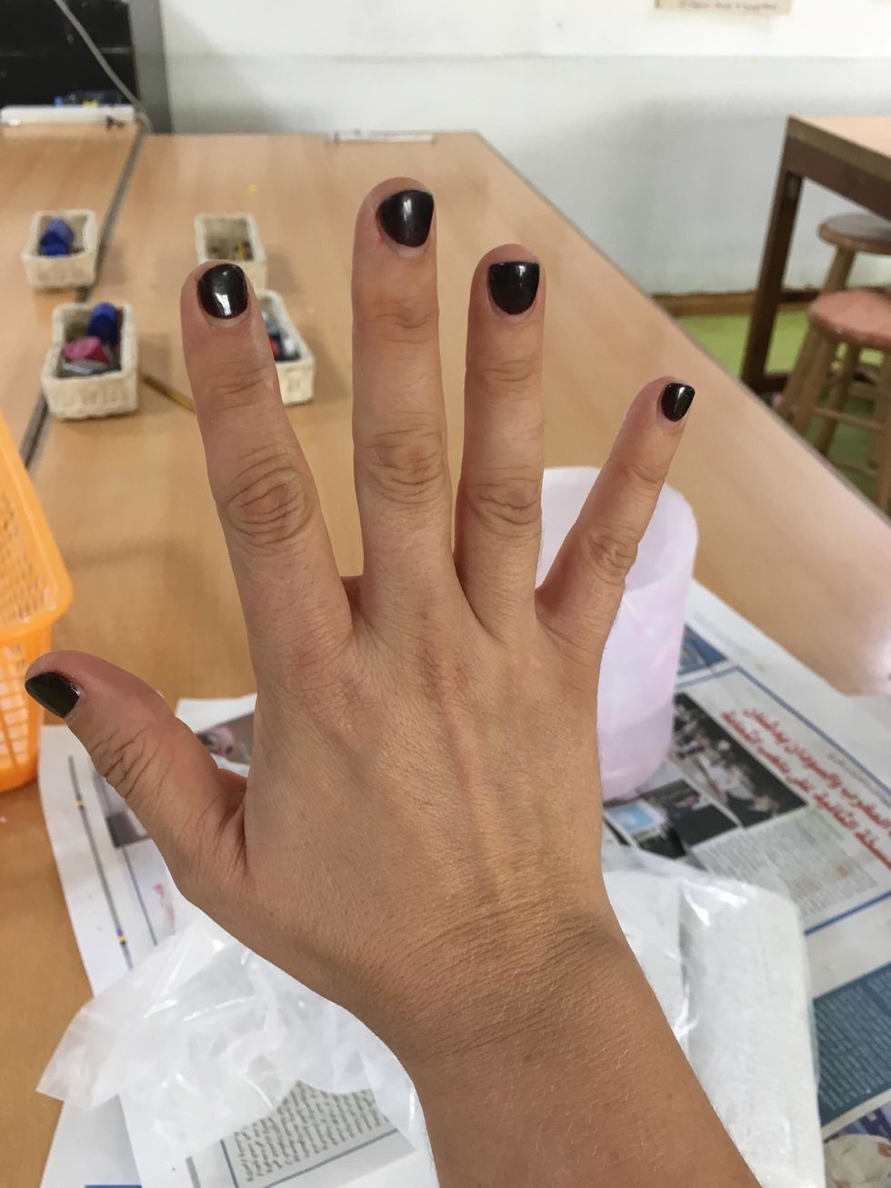 Ask your partner to spread fingers wide and place hand flat onto newspaper. Be sure sleeve is rolled up.