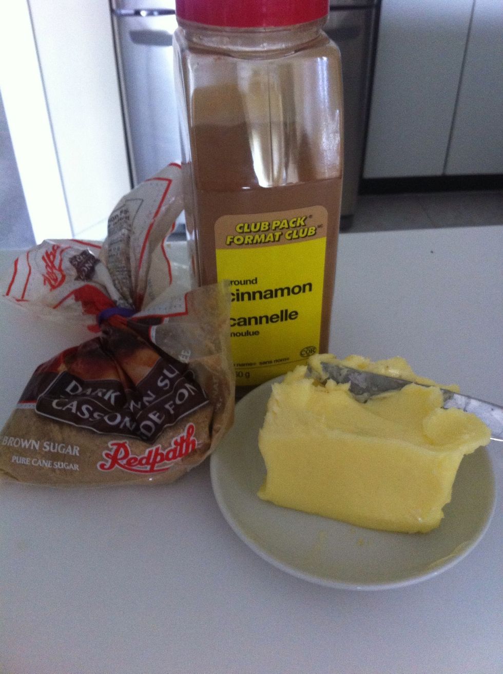 Assemble all the ingredients! Brown sugar, cinnamon, and margarine/butter \u2714