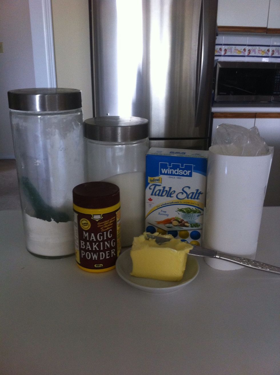 Assemble all the ingredients! Flour, baking powder, salt, sugar, milk, and margarine/butter \u2714