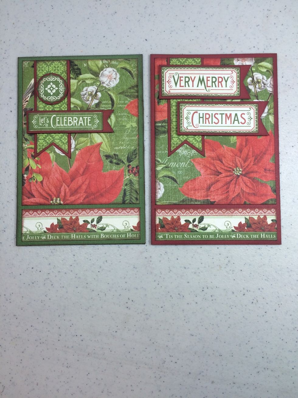 Assemble cards as shown. I used foam tape to pop up banners and circle.