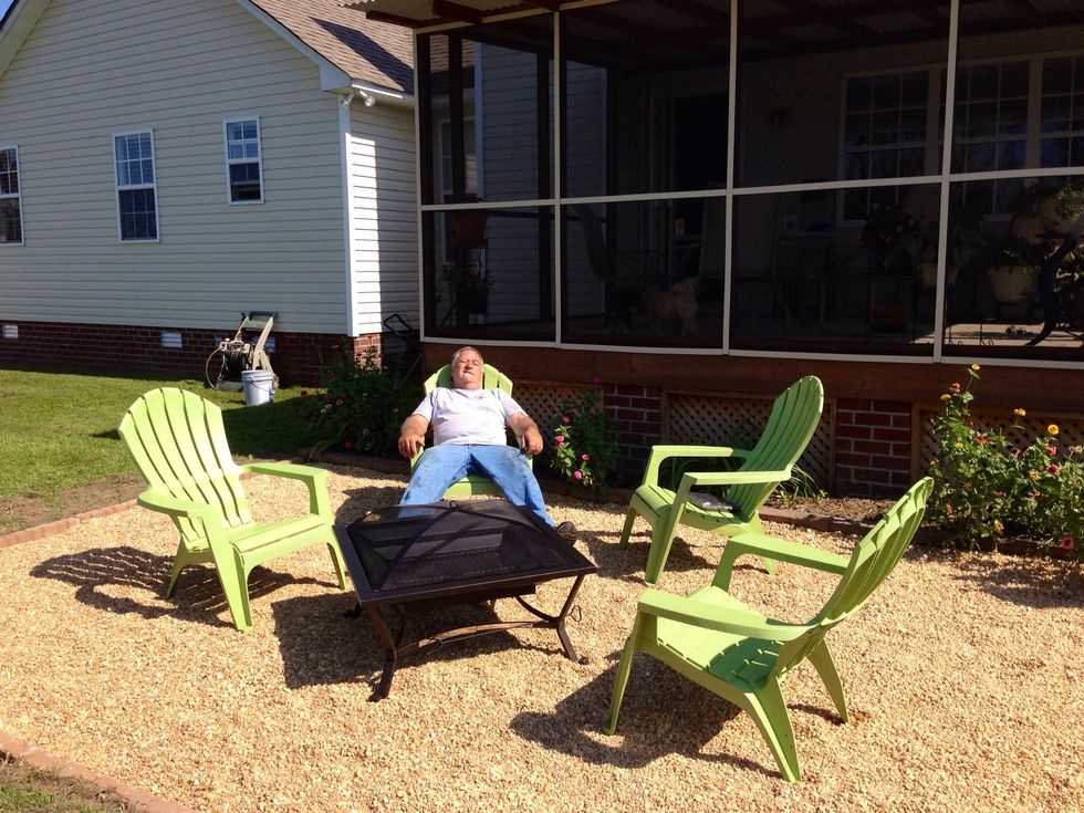 Assemble fire pit, arrange fire pit and chairs, and collapse!