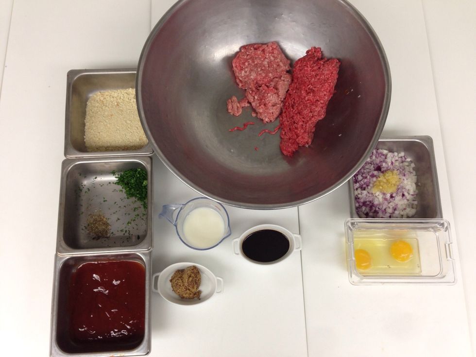 Assemble ingredients. Note: the brown sugar, ketchup, and vinegar are already mixed together.