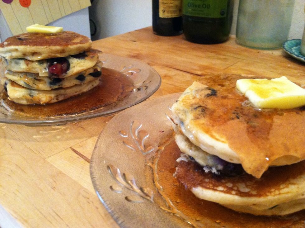 Assemble pancakes on a plate. Pour syrup over pancakes. Top with butter.