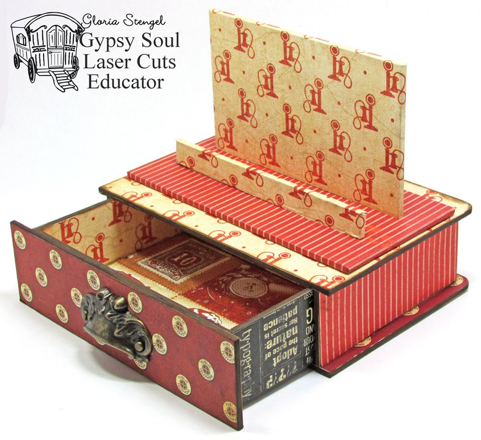 Assemble the GSL Phone Holder and attach it to the top of the Hidden Drawer Book Box with strong adhesive. Slide the drawer into the book box.