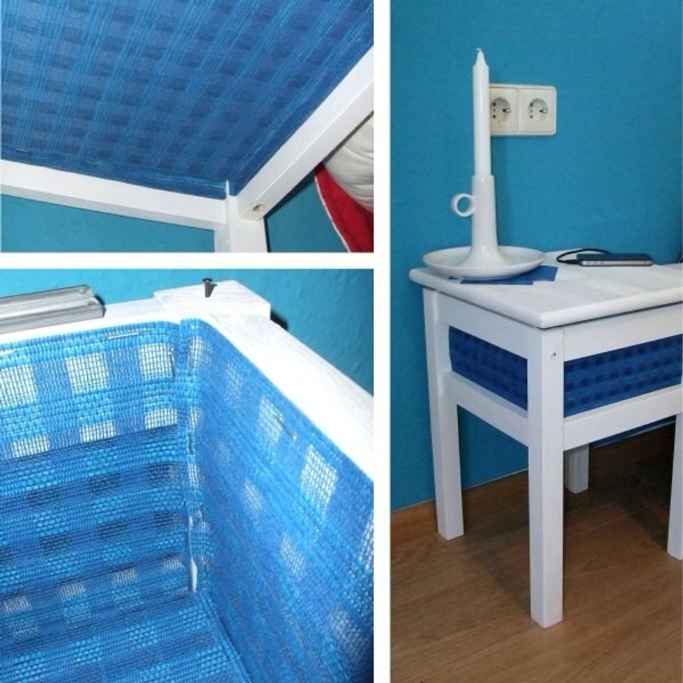 Assemble the stool except for the top and paint it. Cut the fabric into 4 side-pieces (15x25cm) & 2 bottom (33x24 cm). Put the curtain pieces & the bottom part of the stool together using a staple gun