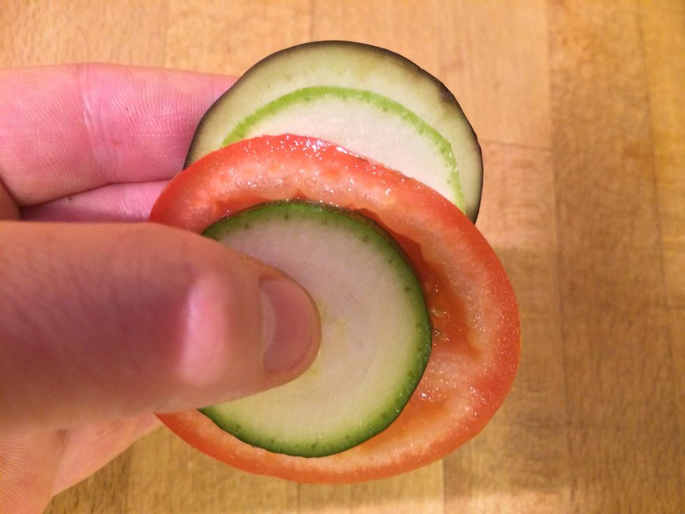 Assemble them layering a piece of each of the veg one on top of each other slightly overlapping.