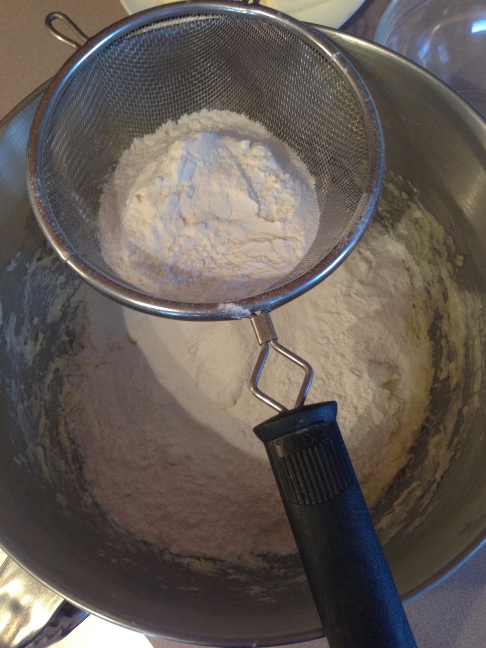 Assemble your dry ingredients and sift in to the liquid ingredients one cup at a time. Mixing together thoroughly in between each cup added.