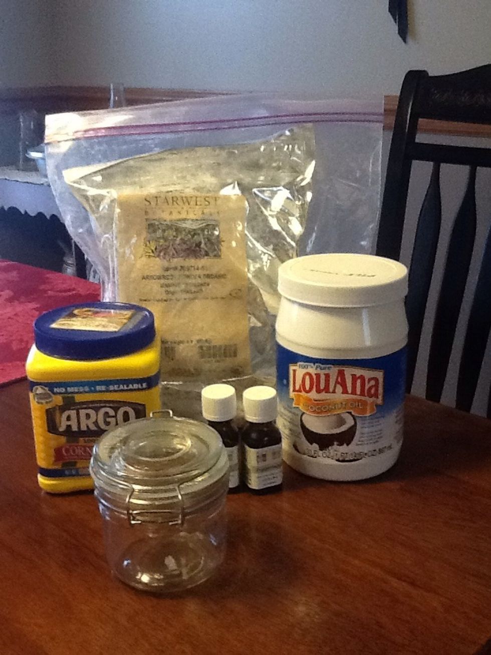 Assemble your ingredients. For this batch I used bergamot and tea tree essential oils, for their anti-bacterial and anti-fungal affect. I also used a few drops of peppermint for a cooling sensation.