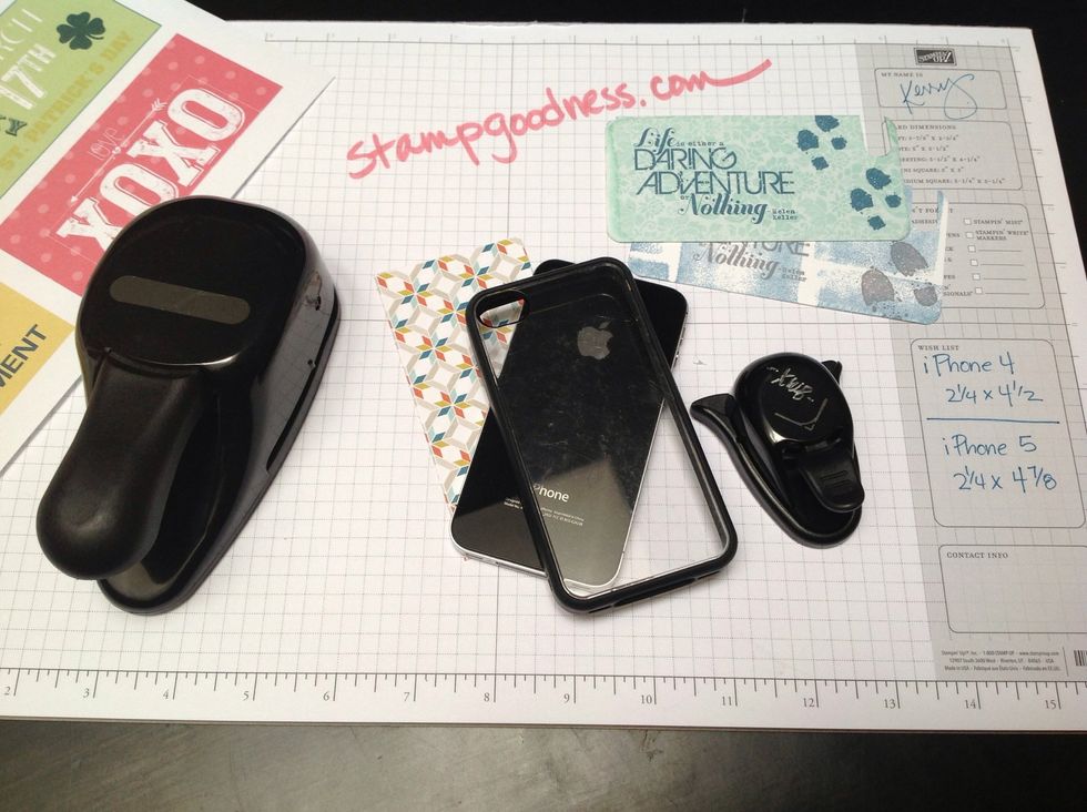 Assemble your supplies, including your iPhone. Cut your paper to size -- for my iPhone4 that means 2-1/4 x 4-1/2"; based on the specs for the iPhone 5, I believe you need 2-1/4 x 4-7/8".