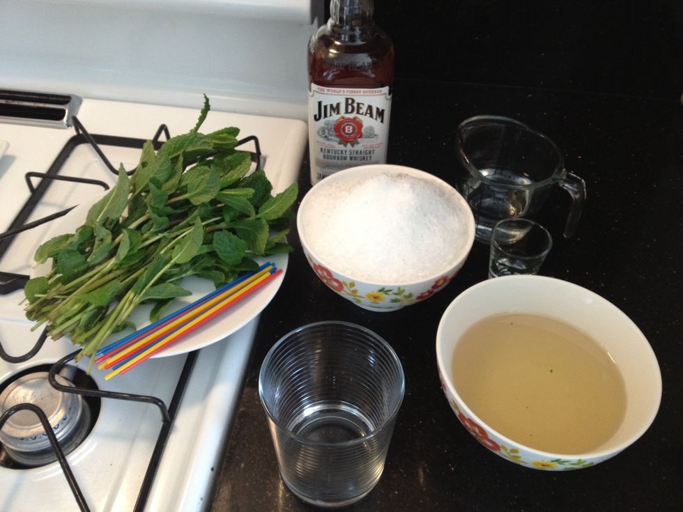 Assemble your supplies. It's proper to use a pewter tumbler for mint juleps, but in a pinch any glass will do. I'm using a double-rocks glass here.