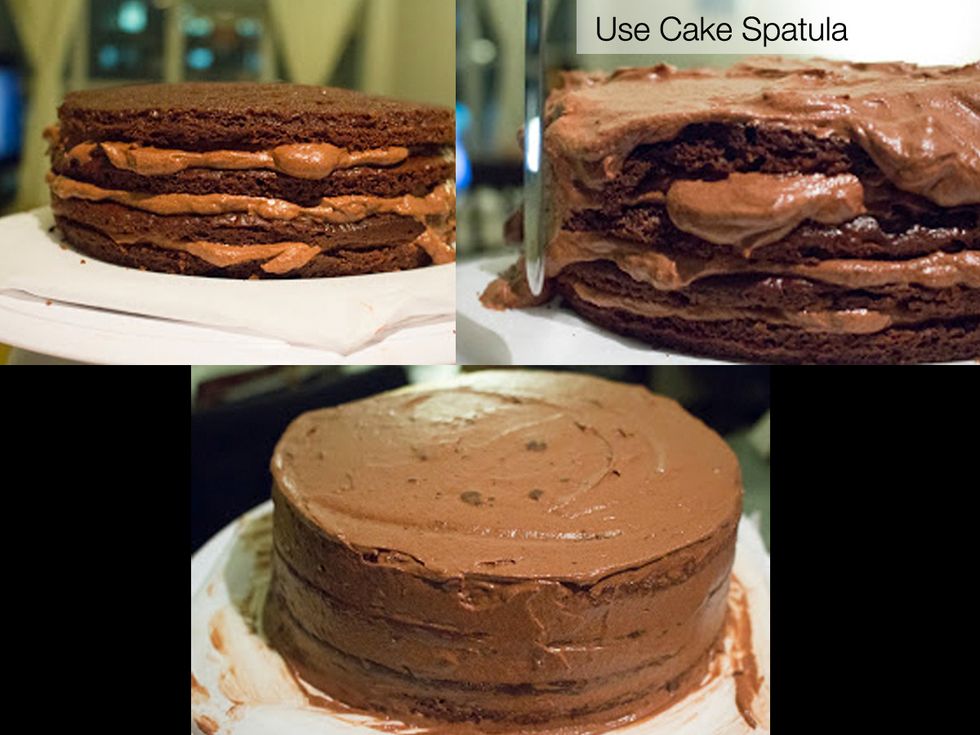 ASSEMBLING THE CAKE: I had four layers in total, make sure the top of the cake has chocolate mousse as well. Use a cake spatula, or bench scraper to smooth out the edges.