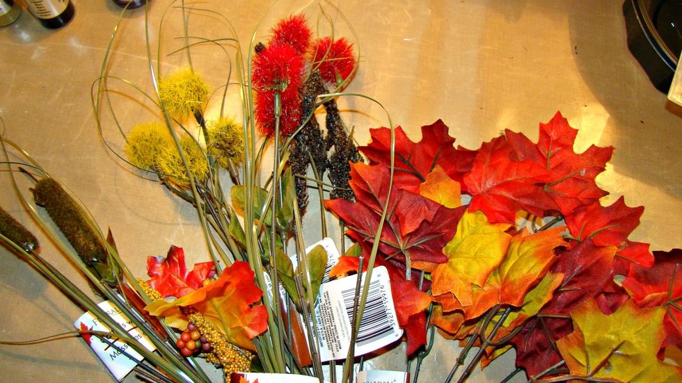 Assorted flowers and leaves from the $1.00 store.