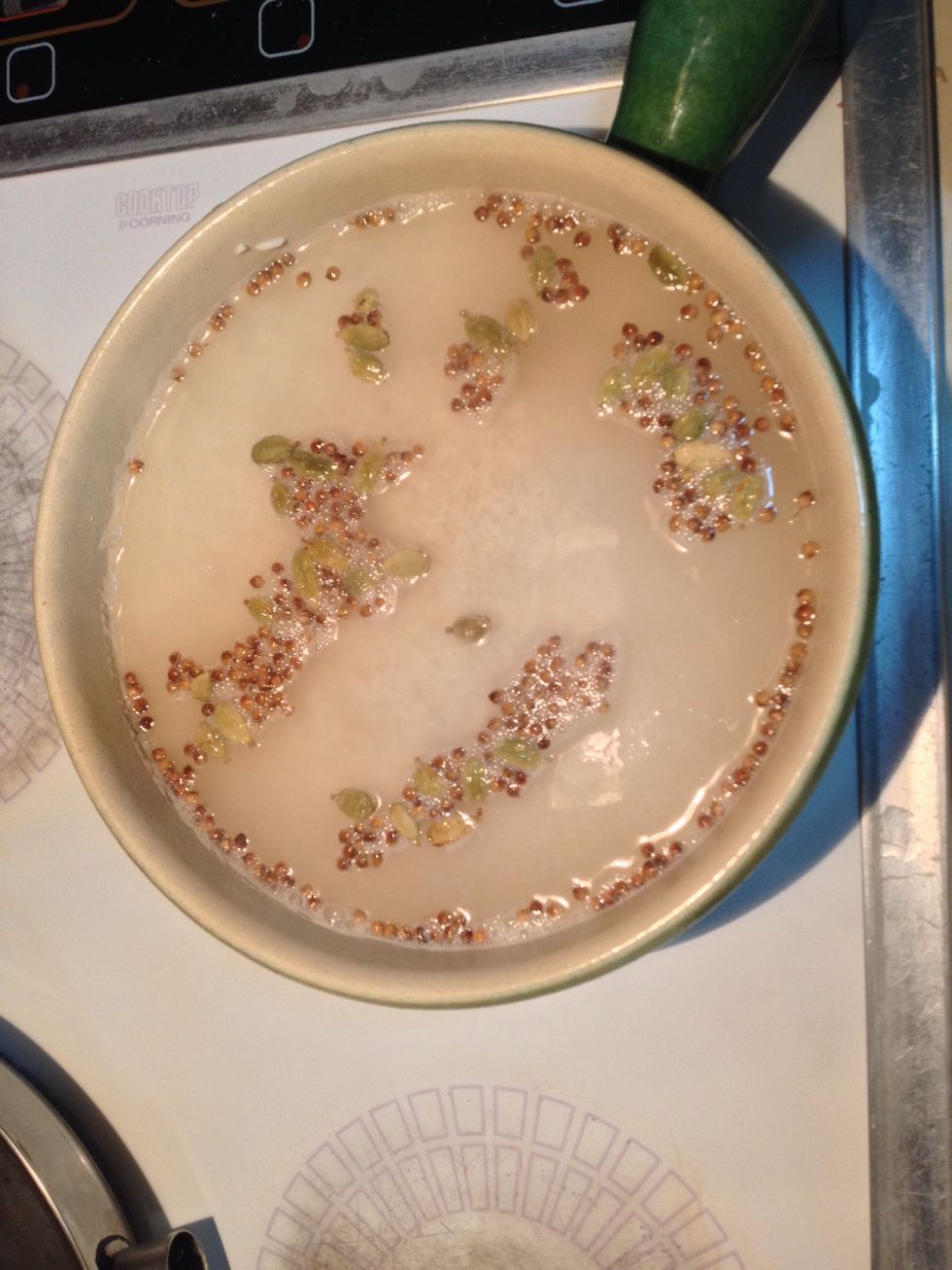 At the end of 20 minutes, drain the rice. Fill a very very heavy medium saucepan with 2 1/2 cups water, add a pinch of salt, the cardamom, cornpepper and bring to a boil.