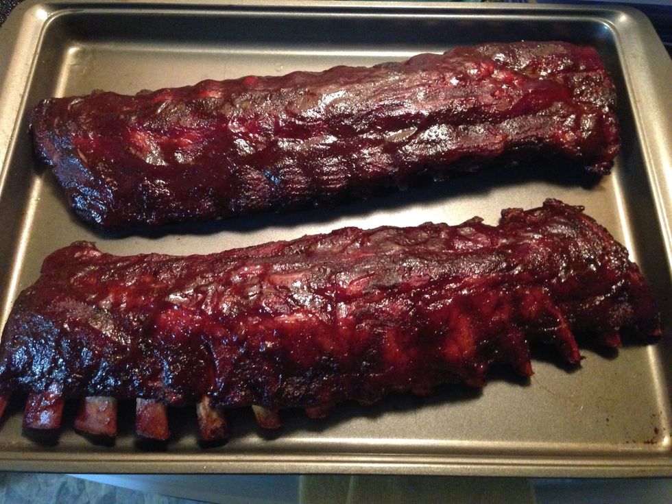 At the end of two hours. remove from foil, and add sauce. Homemade is good, but this is Sweet Baby Rays... with a little Sriracha for kick. 