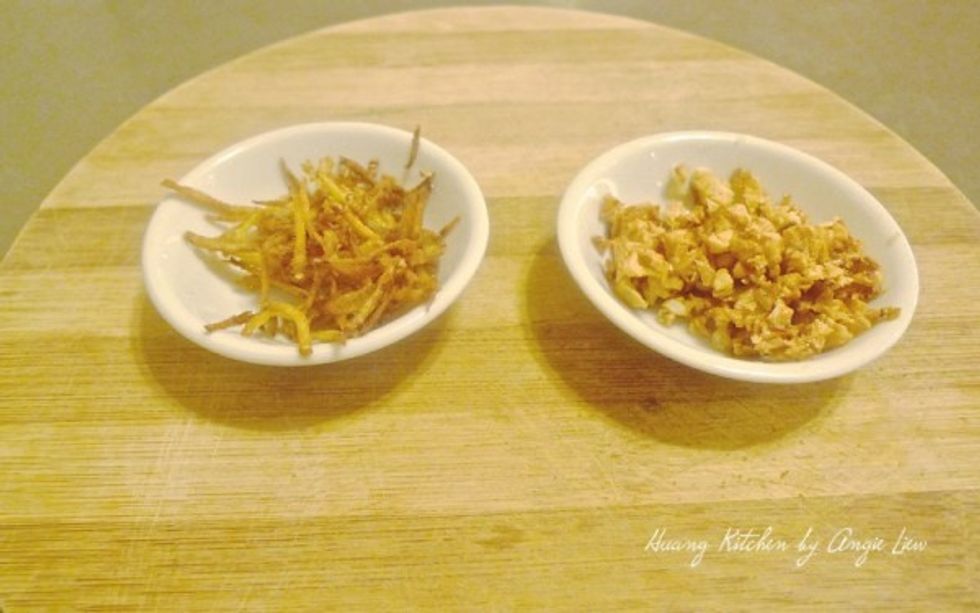 At the meantime, browned minced garlic and julienned ginger strips in pan. Set aside to garnish over baked salmon.