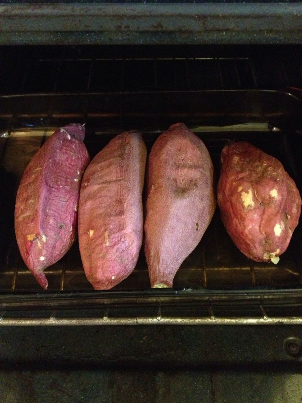 At the same time, bake whole sweet potatoes (yellow, not orange) at 350 until soft, maybe 40 minutes.