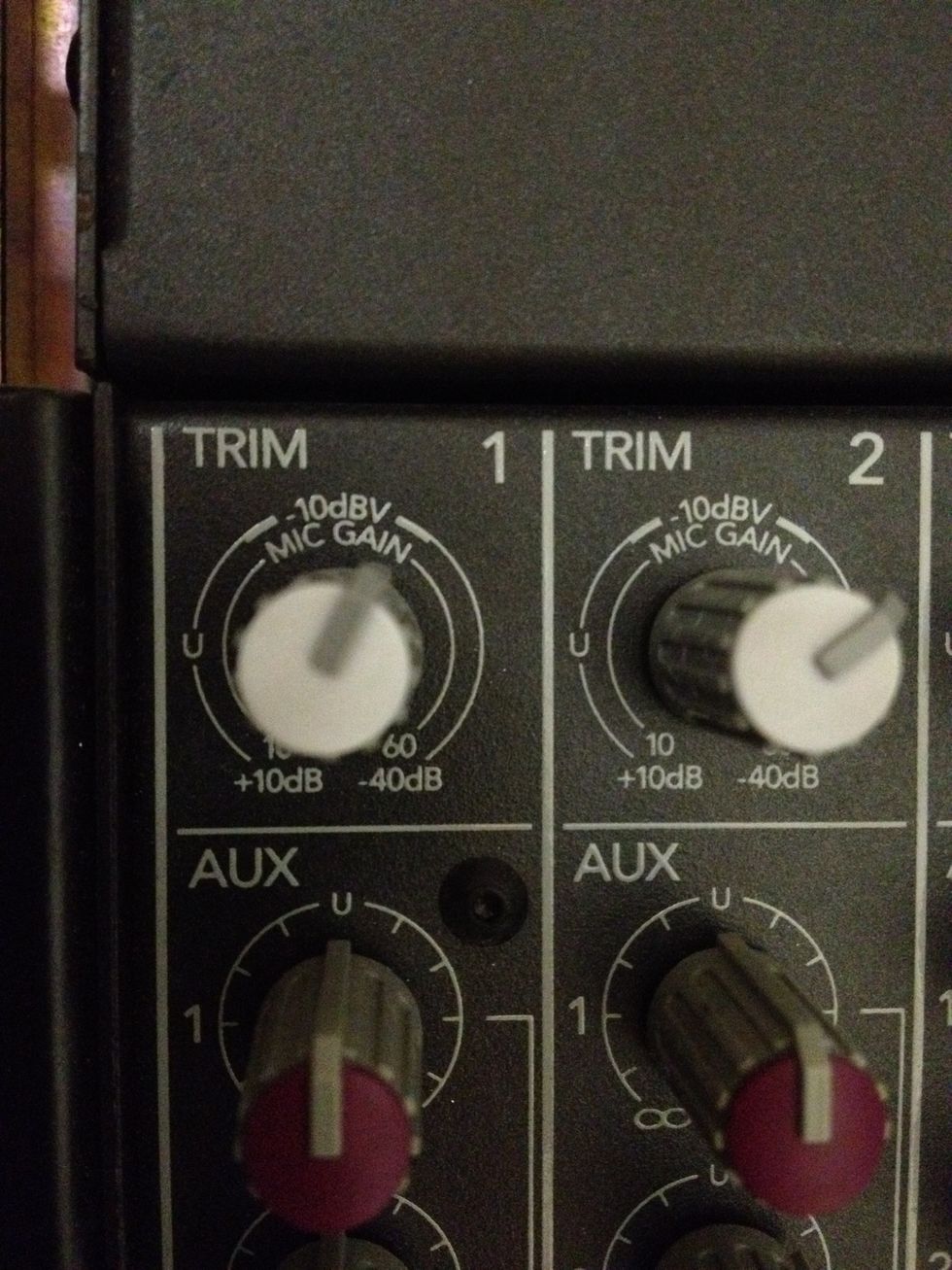 At the SoundMixer. Turn up the TRIM knob to the position shown. Hint we were using Channel 1 so it's Trim Knob 1. This number is the same as the channel you plugged the cable into the wall earlier.