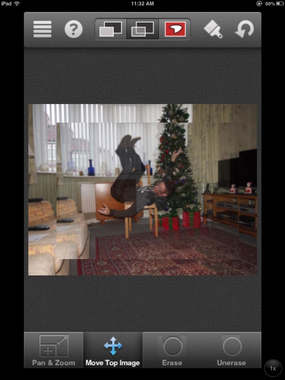 At the top of the screen is your view options. The middle button allows your top image to become transparent. This will enable you to move and resize your photographer easily.