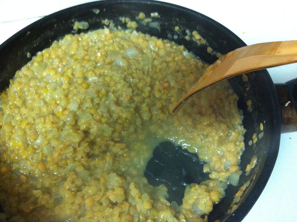 At this point, the lentil mixture is about half done. You will want to end up with a fairly thick mixture in the end. If it is watery at all your pie will be mushy.