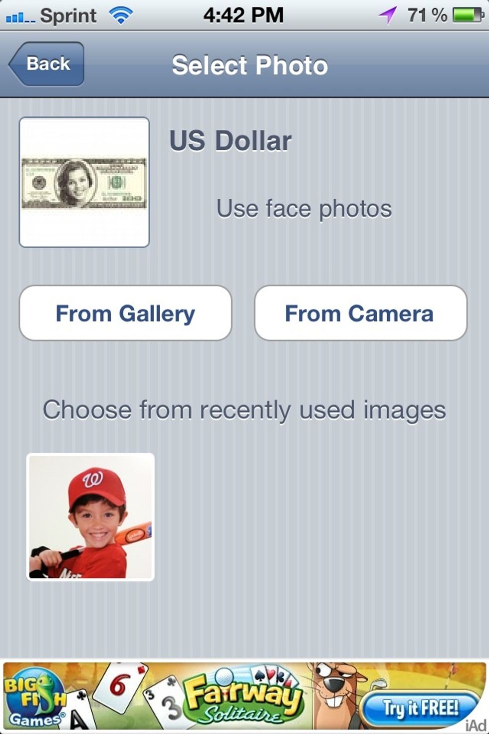 At this point you can take a photo by choosing camera, choose a photo already taken from your camera roll or choose a photo previously used from this app.
