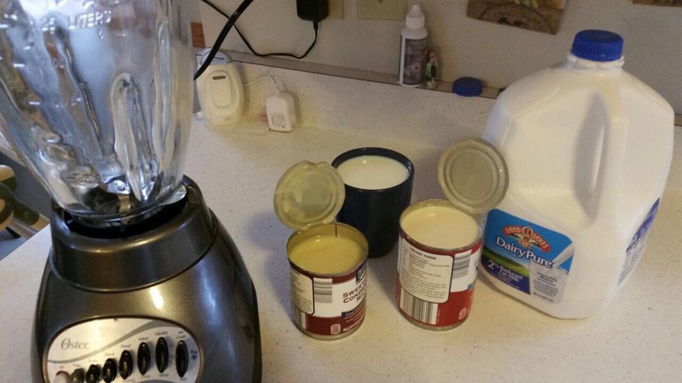 At this point you'll want to take your sweet condensed milk, your evaporated milk, and your cup of whole dairy milk