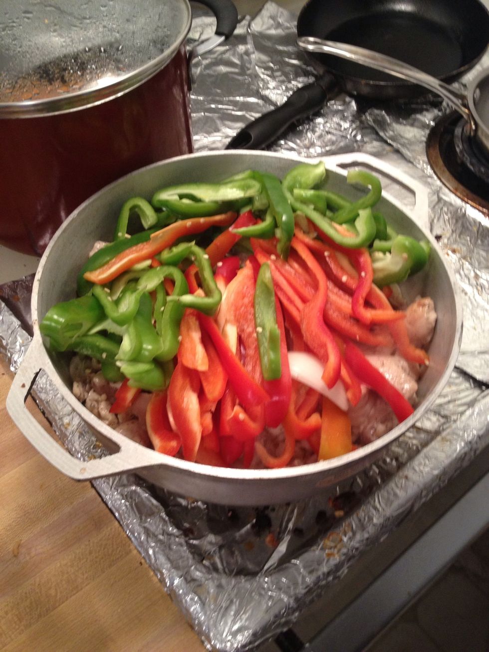 At this point you want to pull the chicken nearer to the top so it cooks at the same rate as the veggies and not overcook
