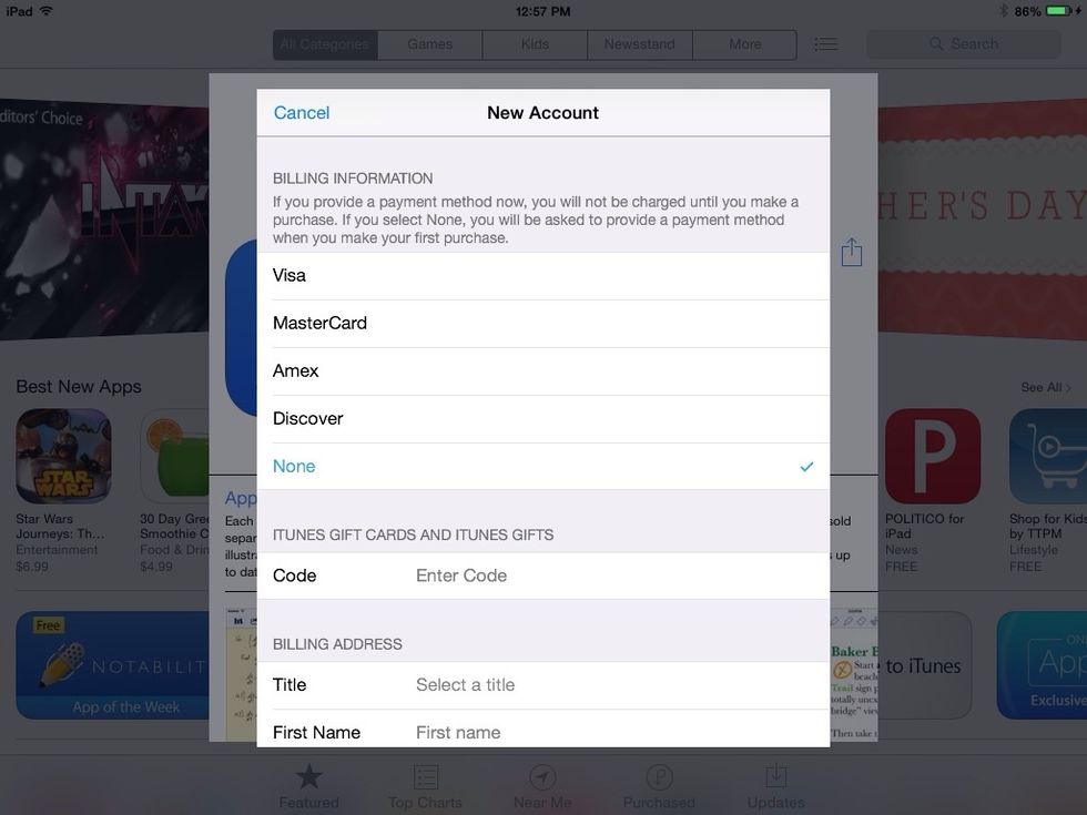 At this screen, under payment information, you should choose the last option in the list, "None".
