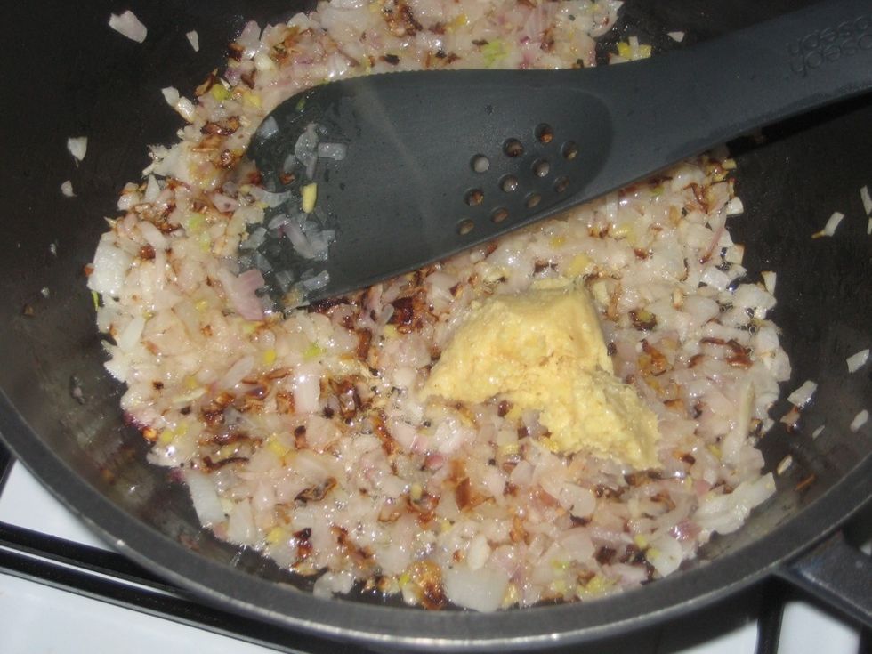 At this stage add the garlic/ginger paste. If you add it too early it will cook and brow before the onion does and stick to your pan, burn and give undesired results.