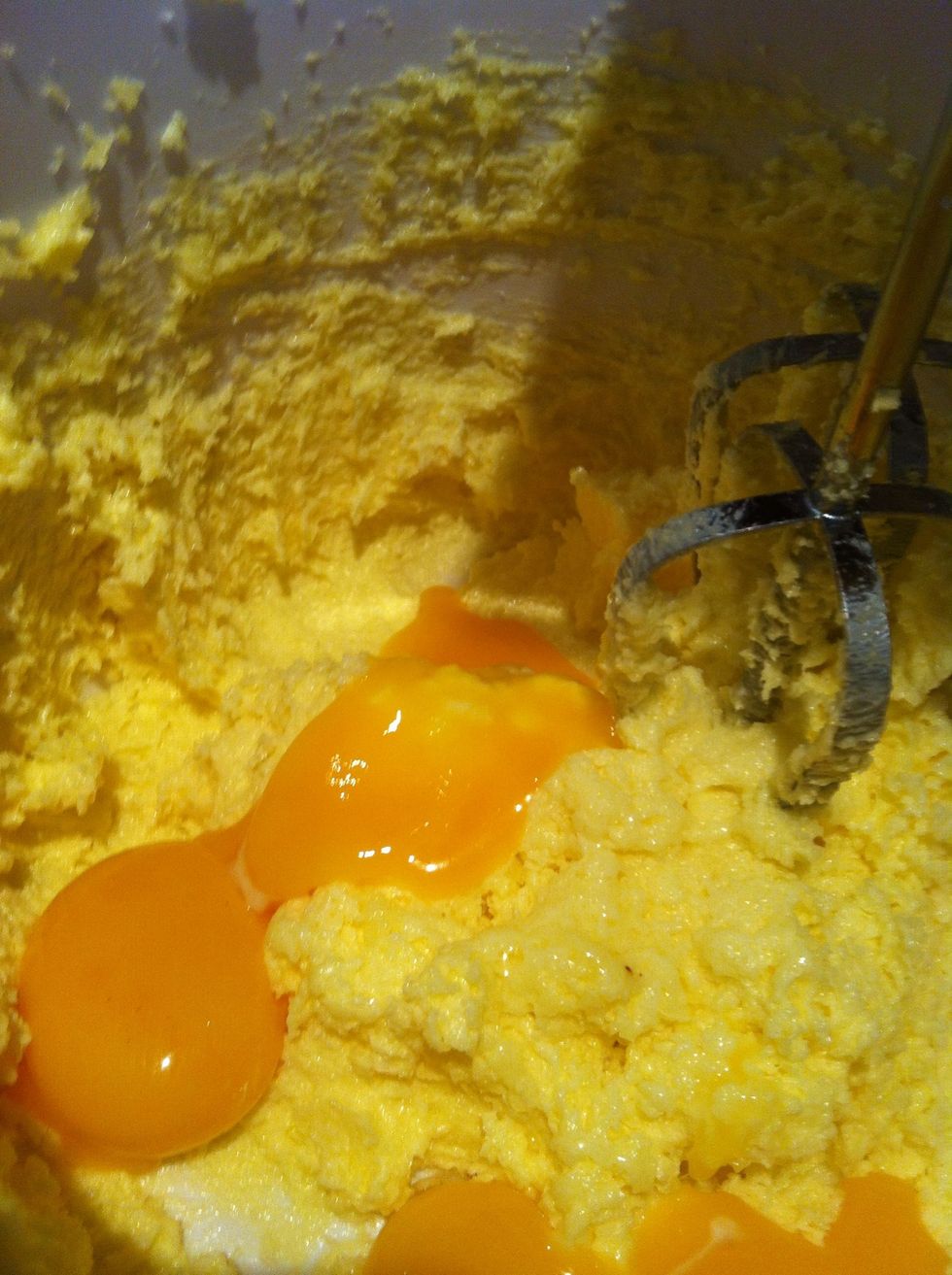At this stage only add the egg yolks to the butter and suger mixture.