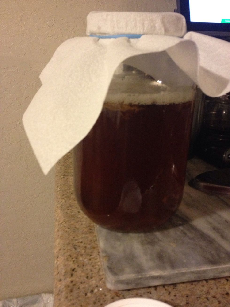 Attach a paper towel to the mouth of the jar with a rubber band. Keep in warm ~70F sun free location for 1-2 weeks. Start tasting after 1 week. The longer it goes the more it will taste like vinegar.