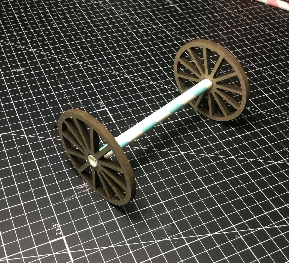 Attach axle to the wheels of your choice. PLEASE NOTE - once glue is dry paint to the colour of your choice. Do not attach to cart until you have finished embellishing your cart.
