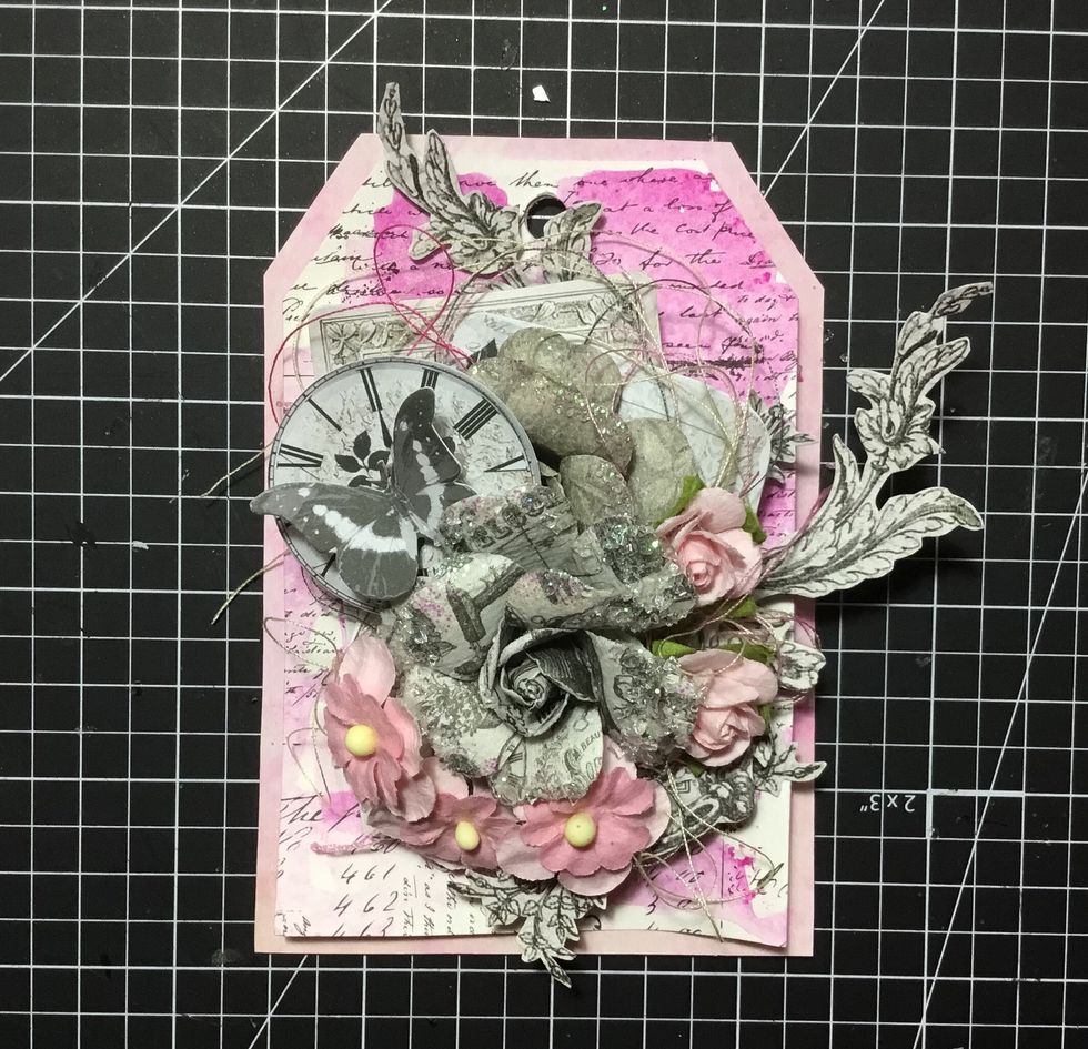 Attach clock and small butterfly from Salvage District Ephemera pack as shown.