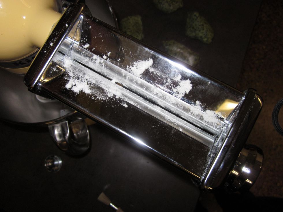 Attach pasta roller to mixer and put on the highest setting. Dust with flour.