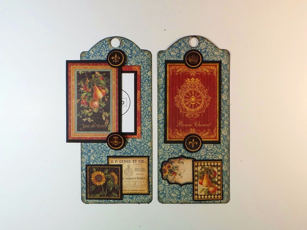 Attach small photo mat to background. Add glue to HALF of each of two 1" cardstock circles with stickers. Attach circles so a cut-apart mat can slide between them. Add additional elements below.