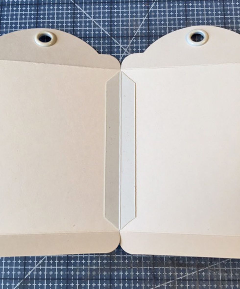 Attach tags together on the inside with Construction Strips. For Construction Strips, cut 3/4" strips, score and fold down length, and tape or glue along each side of strip/