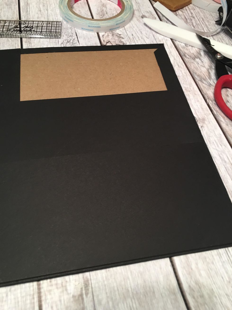 Attach to the bottom and create the next pocket. Cut 1 each card stock 9 1/4" x 3 1/2", score 9 1/4" side @ 1/2" & 8 3/4" turn and score 3 1/2" side at 1/2". Miter corners, apply tape to side hinges