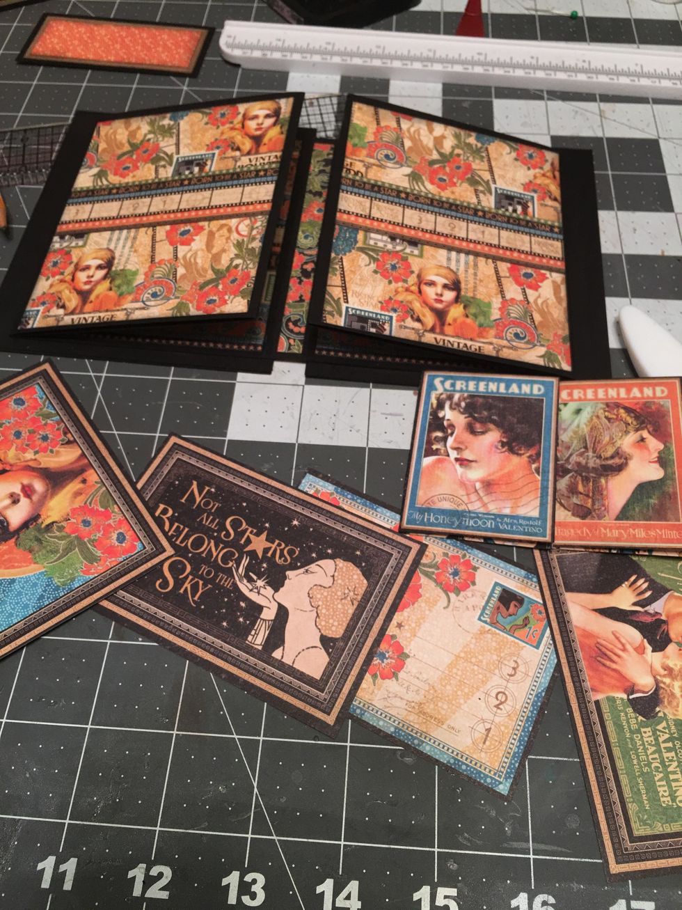 Attach to the center of first two pages of the album. Cut apart the images from Spotlight & Tinsel Town to use as inserts etc. Leave some smaller ones attached to create mini booklets.See next photo.