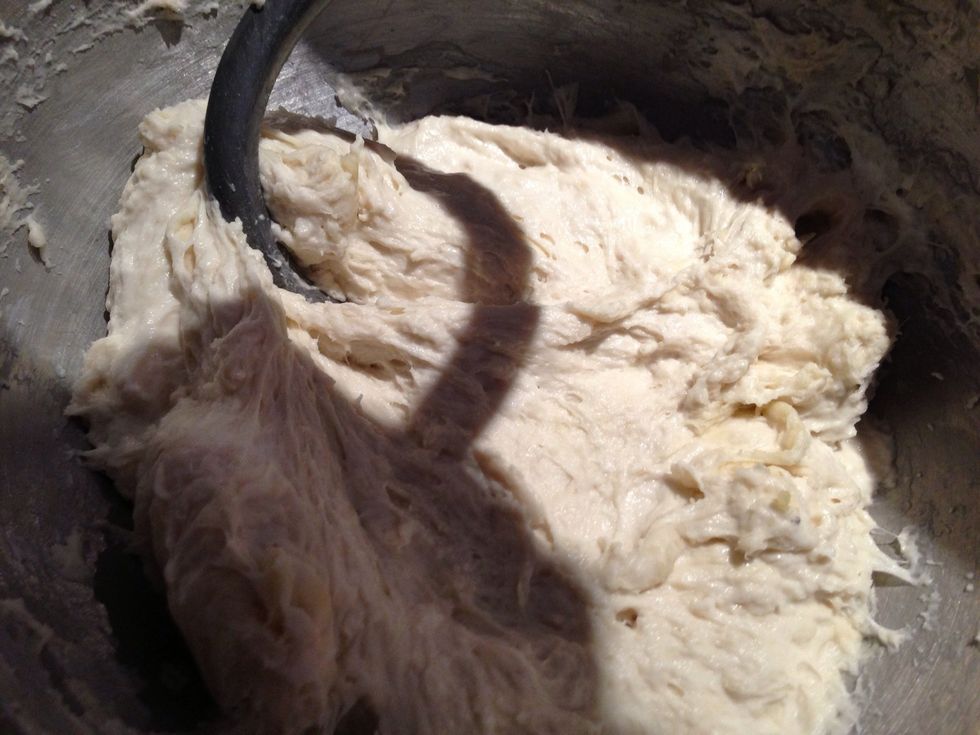 Attach your dough hook and mix on speed 2 for 3-4 minutes. If dough is sticking to sides add a teaspoon of flour at a time.