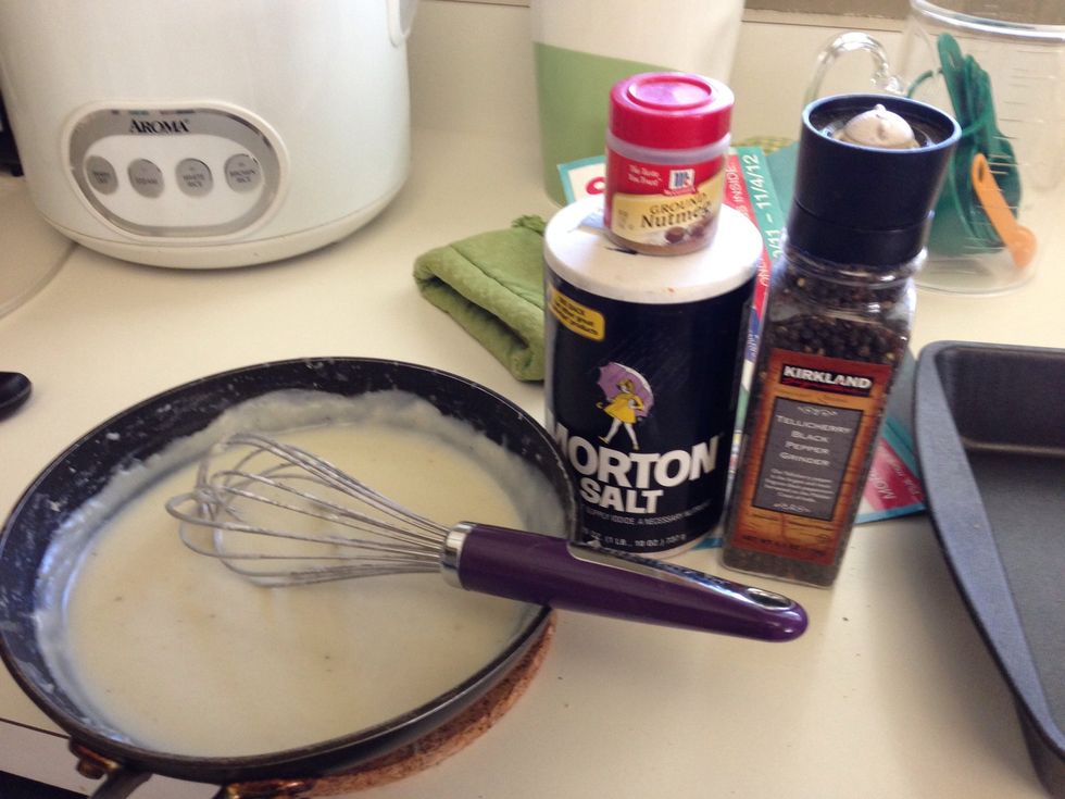 Away from flame Season with salt pepper and nutmeg