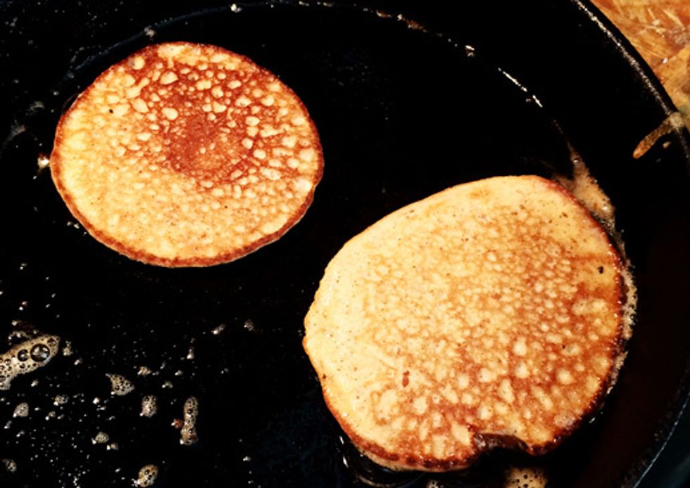 Awww yeah, this is the money shot. Look how pretty they look.. a bit smaller and happily cooking. Be patient. These aren't like normal pancakes. You have to test the edges a bit.