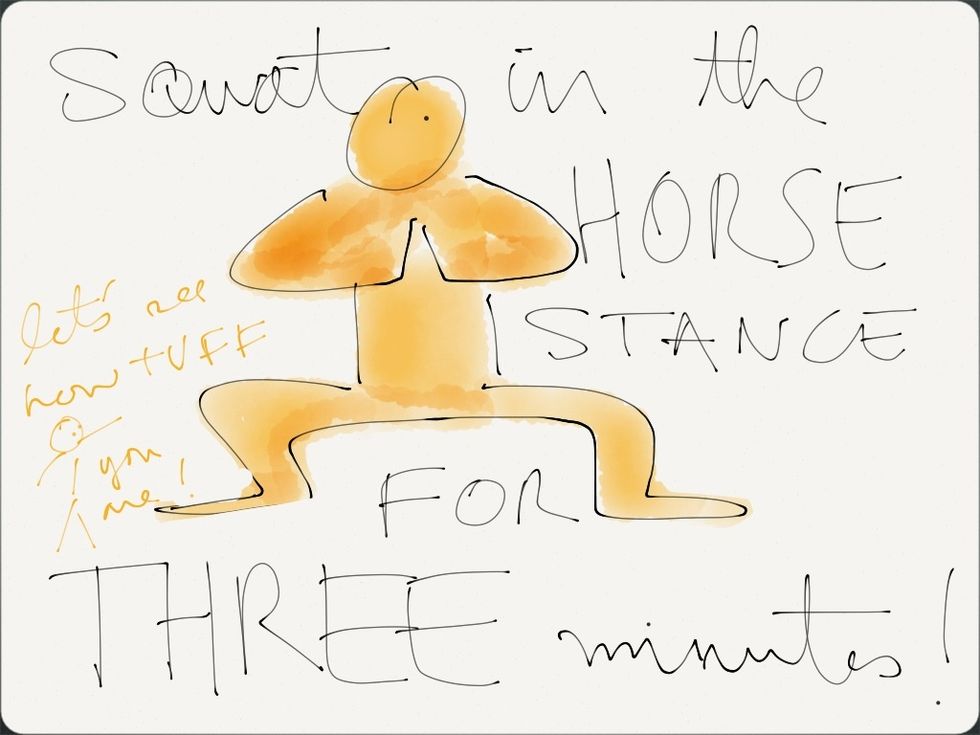 B) Horse Stance (3 mins.) In a couple minutes when the burn mode kicks in, give the body a bone, pant like a dog and let off some steam. Weeping is ok. Stay with it. Do not hyperventilate.