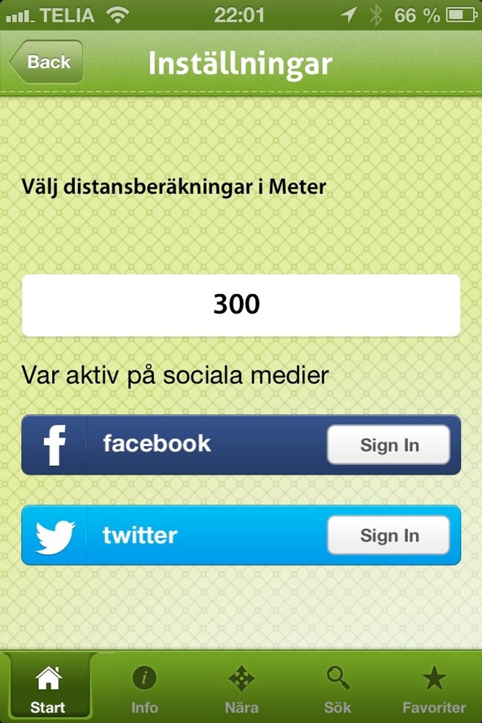 B\u00f6rja med att v\u00e4lja inom vilken radie du vill se restauranger vid N\u00e4ra dej och slumpmenyer. Grundinst\u00e4llningen \u00e4r p\u00e5 10 000 m. Logga g\u00e4rna in p\u00e5 Facebook och Twitter f\u00f6r att dela med dej av menyer.