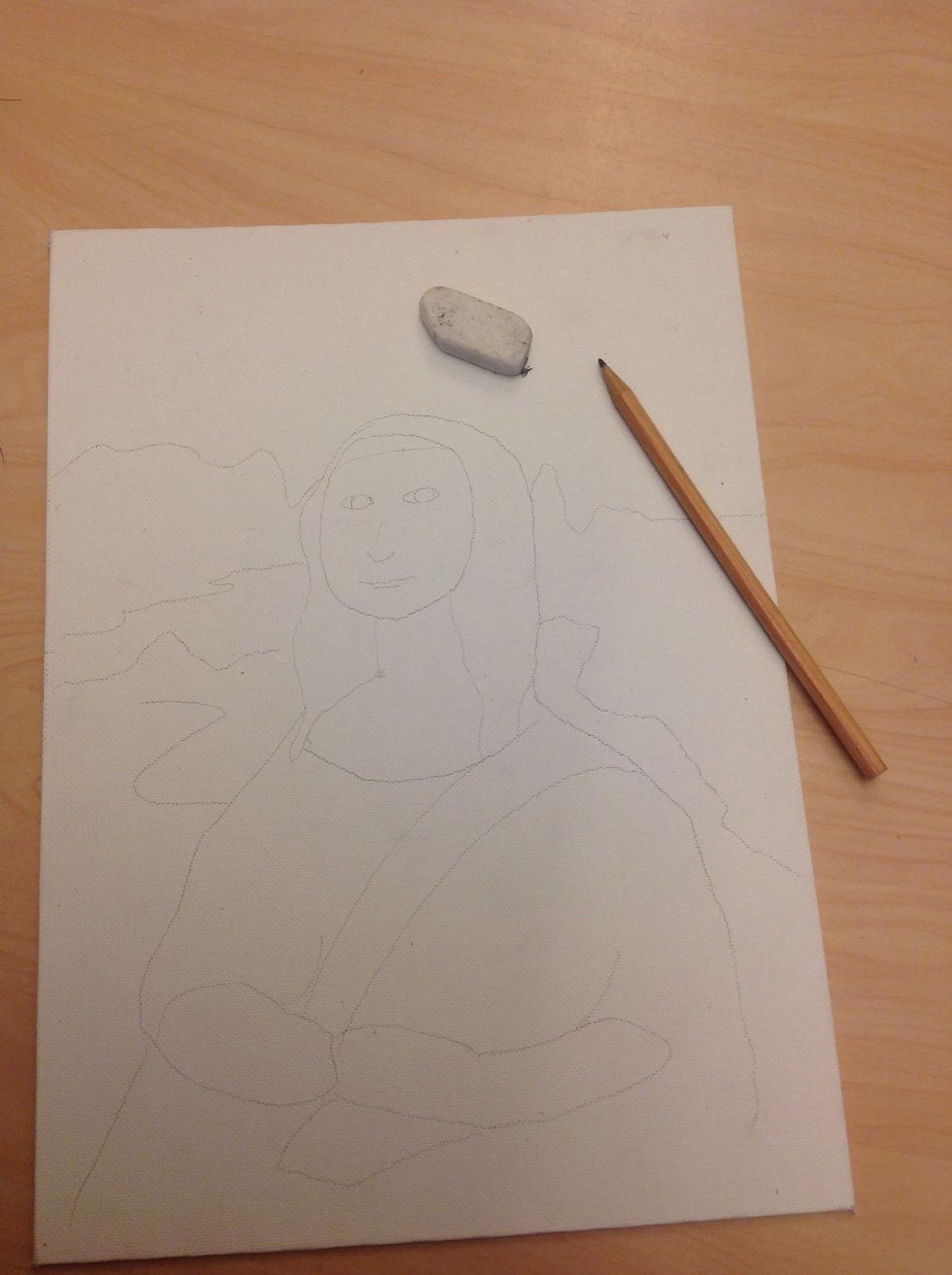 B\u00f6rja nu skissa p\u00e5 Mona Lisa \u00f6ver bakgrunden. Som ni ser s\u00e5 har jag bara visat skissen, men ni ska g\u00f6ra det \u00f6ver bakgrunden.