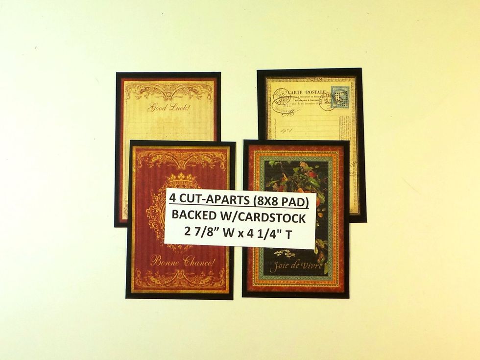 Back 4 of the cut-aparts from the 8x8 pad with black cardstock cut 2 7/8" W x 4 1/4" T. A photo can be added on the back to two of them (I did that on the darker ones in front).